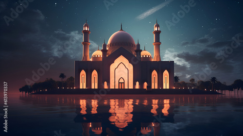 Mosque Night View With Many Stars and moon in the sky, Generated AI