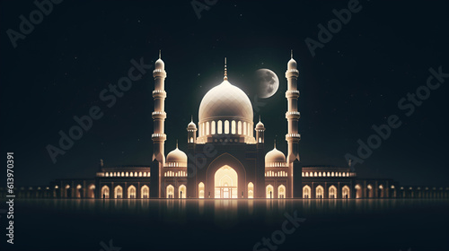 Mosque Night View With Many Stars and moon in the sky, Generated AI
