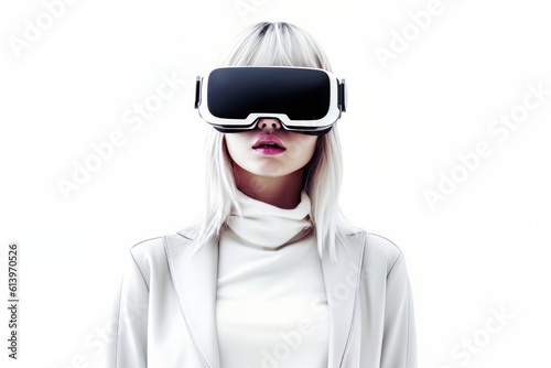 Beautiful cyber woman face in virtual reality glasses isolated on white background AI Generative AI © Vitalii But