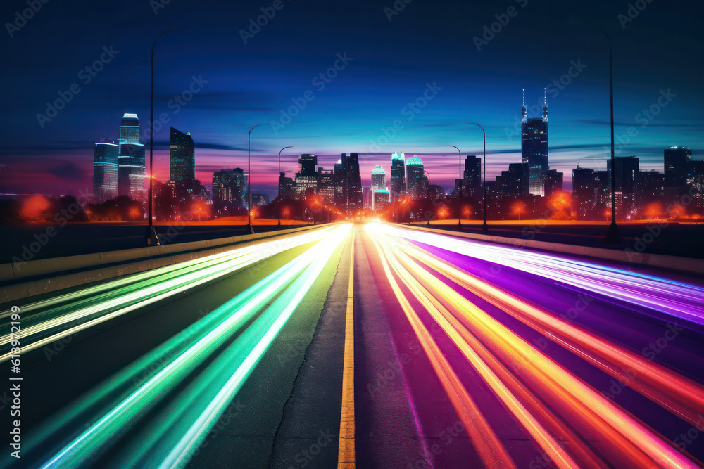 A captivating night shot of a city skyline with illuminated skyscrapers and vibrant streaks of light from passing cars, capturing the energy of urban life