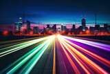 A captivating night shot of a city skyline with illuminated skyscrapers and vibrant streaks of light from passing cars, capturing the energy of urban life
