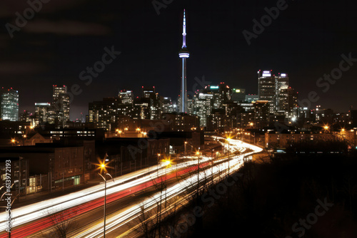 A captivating night shot of a city skyline with illuminated skyscrapers and vibrant streaks of light from passing cars, capturing the energy of urban life