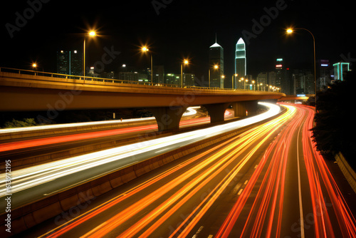 A captivating night shot of a city skyline with illuminated skyscrapers and vibrant streaks of light from passing cars, capturing the energy of urban life