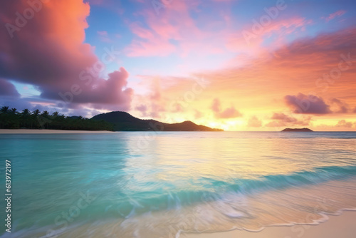 A breathtaking sunrise over a serene beach, with gentle waves lapping against the shore and a colorful sky painting a stunning backdrop © Matthias