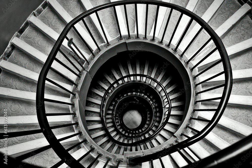 An abstract composition of a spiral staircase, capturing the symmetry, lines, and shapes of the architectural design