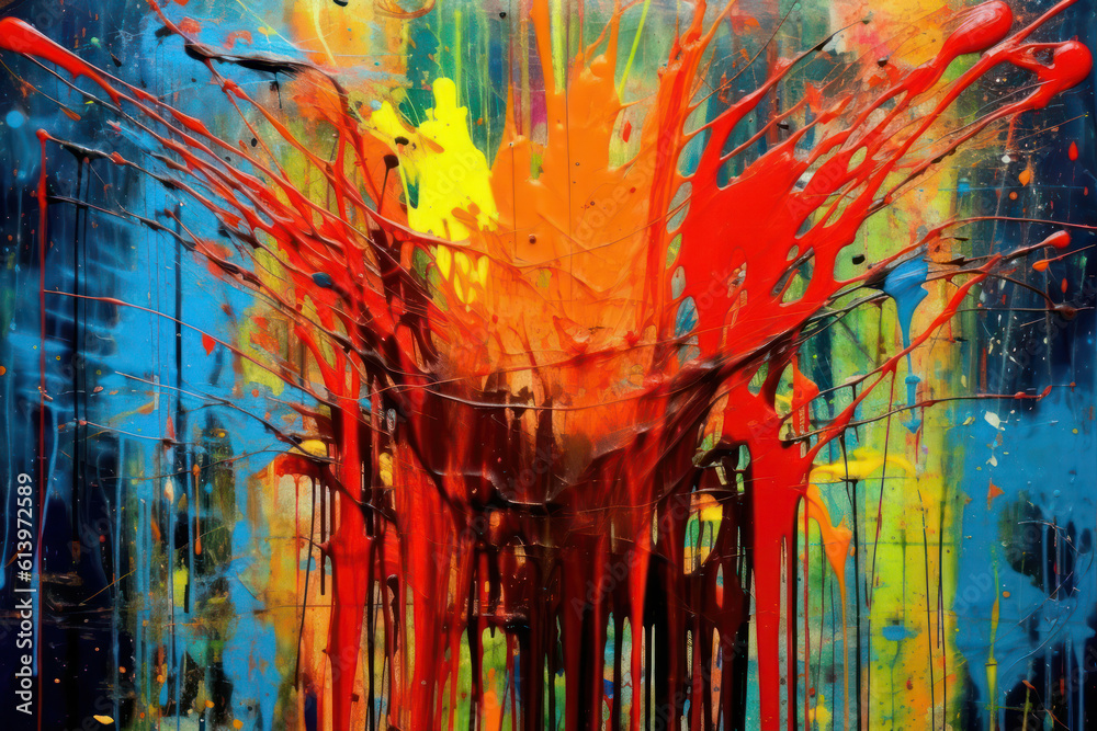 An abstract composition of vibrant paint splatters on a canvas, creating a burst of color and energy, symbolizing creativity and artistic expression