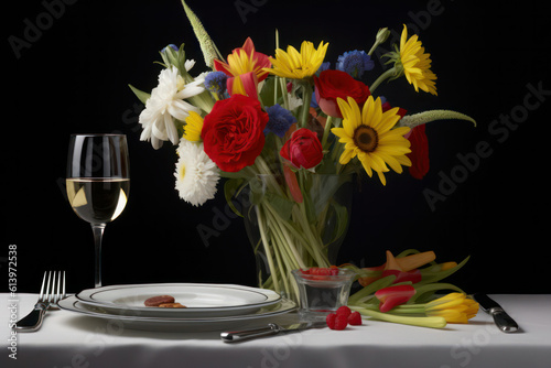 A close-up shot of a beautifully arranged table setting with elegant dinnerware and a bouquet of fresh flowers, creating a sense of refined dining experience