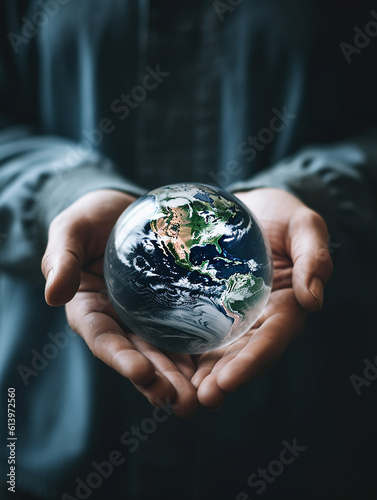 Weltkugel die schützend von einer Person mit beiden Händen getragen wird. Heile Welt ohne Klimawandel.