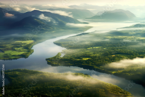 A majestic mountain range shrouded in mist, with lush green valleys and a winding river, conveying a sense of awe and the grandeur of nature