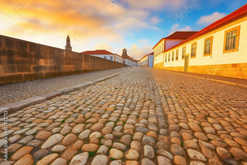 An enchanting view of a charming cobblestone street in a historic European city, lined with colorful buildings and inviting cafes, evoking a sense of wanderlust and cultural exploration