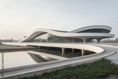 A striking architectural photograph of a modern bridge spanning across a river, showcasing its sleek design and structural elegance