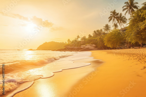 A breathtaking sunset over a serene beach, with golden hues reflecting on the calm ocean waters and silhouettes of palm trees, invoking a sense of relaxation and tropical paradise