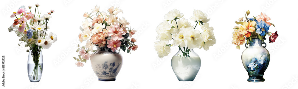 Collection of colorful flower bouquets in a vase isolated on a transparent background, generative ai Collection of colorful flower bouquets in a vase isolated on a transparent background, generative ai