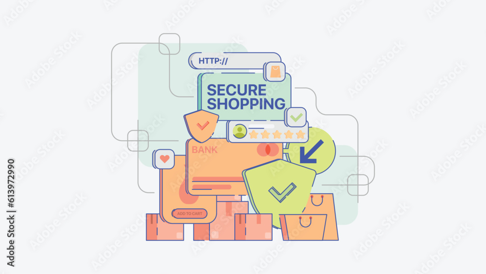 Online shop security, Online shopping, Cyber security, secure shop, secure online store, pastel colors, vector illustration, clean, web store security, valid store, dropshopping, secure and safe store