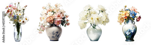Collection of colorful flower bouquets in a vase isolated on a transparent background, generative ai © GHart