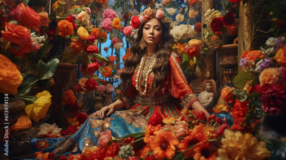 a beautiful woman sits with a wreath of flowers in an oriental sea of flowers