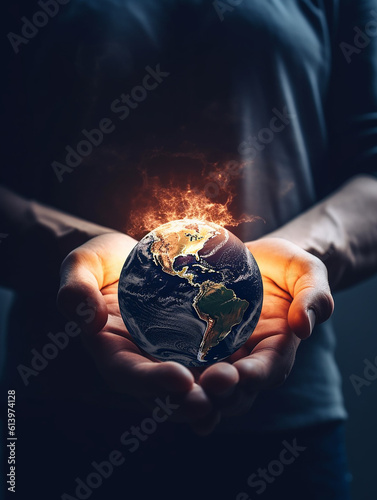 Vom Klimawandel gefährdete Weltkugel getragen von zwei Händen.