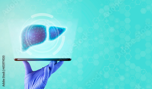 Hepatologist. The doctor's hand holds a tablet. The digital liver is projected through an interface. Concept of technological development in specialized medicine. Isolated on green background.