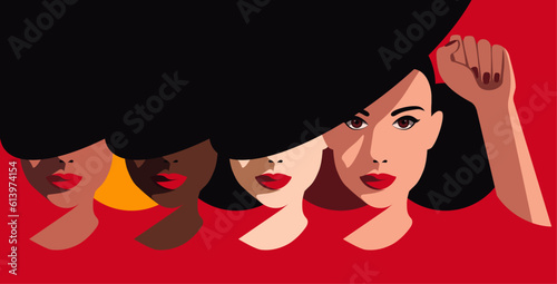 Raised Fist - Women Rresistance - Woman Pride - Beauty in Diversity: Faces of Four Women, Different Colors and Races, Symbolizing Equality and Feminism
