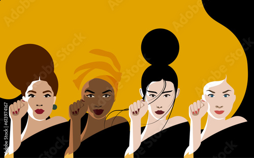 Raised Fist - Women Rresistance - Woman Pride - Unity for Equality: Vector Illustration of Four Women of Different Races, Standing Side by Side with Raised Fists in the Fight for Equality