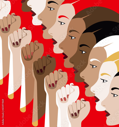 Raised Fist - Women Rresistance - Woman Pride - Unified Resilience: Profile View of Women of Different Colors with Raised Fists in the Fight