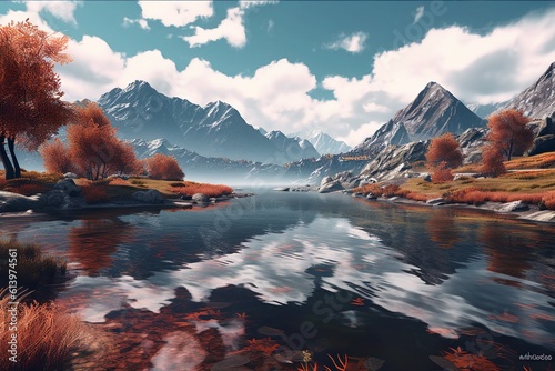 Autumn landscape with lake and mountains, Generative ai