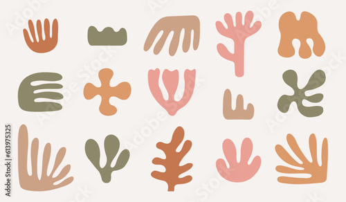 Set of abstract organic shapes inspired by matisse. Plants, leaf, algae, vase in paper cut collage style. Contemporary aesthetic vector element for logo, decoration, print, cover, wallpaper