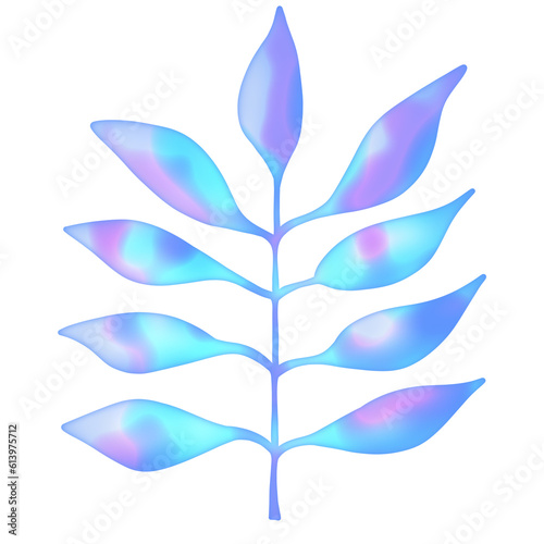Iridescent tropical leaves png clip art. Holographic y2k botanical graphic elements in blue  pink and purple colors