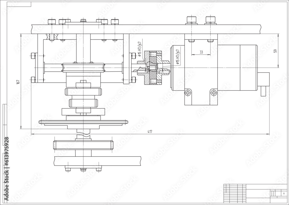 Vector engineering cad drawing of a mechanical part (steel shaft)
with through holes and bolted connections.
Computer aided design of machine parts. Technical cad background.
