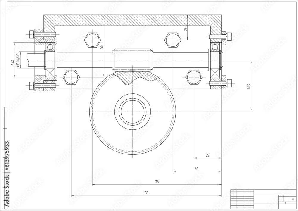 Vector engineering cad drawing of a mechanical part (steel shaft)
with through holes and bolted connections.
Computer aided design of machine parts. Technical cad background.