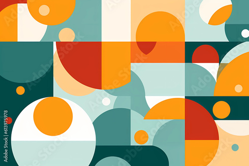 Abstract Bauhaus geometric background with circles, triangles and square. Teal, yellow and terracotta trendy retro design. © Iryna