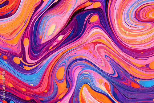 Psychedelic trippy Y2k retro background with bright swirl. Abstract liquid illustration. Pink, purple and orange groovy wave print.