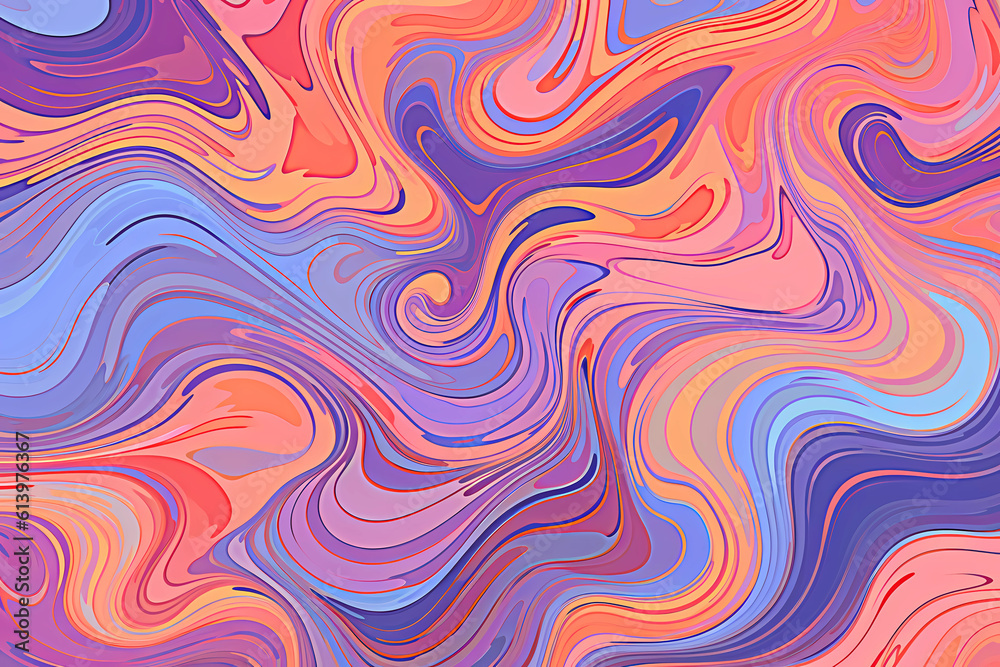 Psychedelic trippy Y2k retro background with bright swirl. Abstract liquid illustration. Blue, purple and orange groovy wave print.
