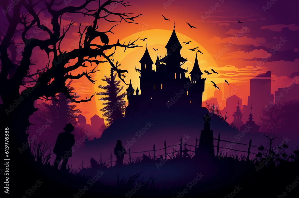 Scary halloween background with a black castle silhouette and bats. Orange and purple background. Spooky night scene horizontal banner.