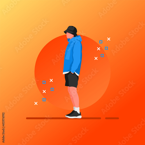 Street fashion vector flat design illustration. Street style outfit standing and walking. Cartoon male character isolated on gradations background. 
