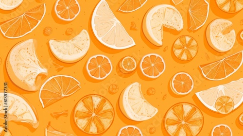 AI generative illustration of Freshly Sliced Citrus Fruit on yellow background