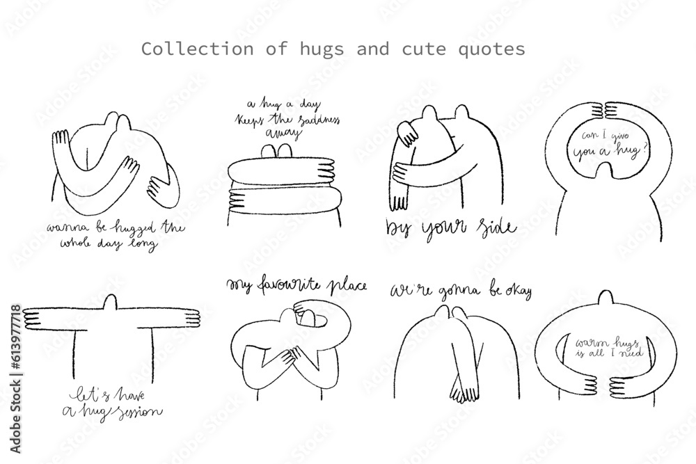 A collection of people hugging and cute quotes. Minimalist style ...