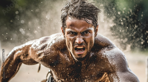 dirty and sweaty extreme athlete fights his way through mud and water © Marcus Jacobi