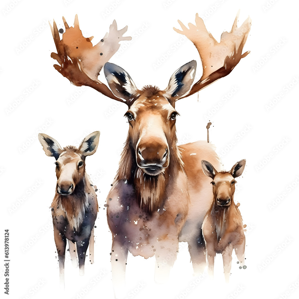 cute baby moose with his parents in watercolor design isolated against ...
