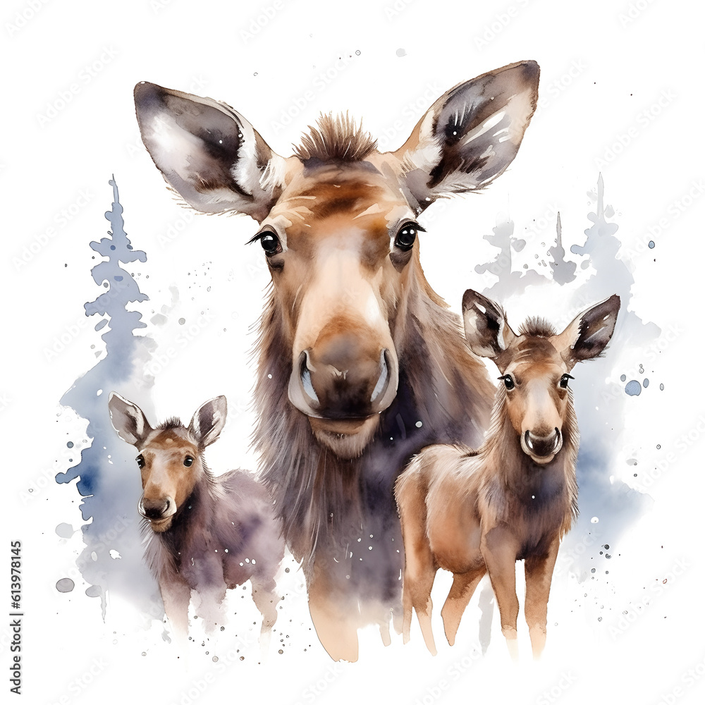 cute baby moose with his parents in watercolor design isolated against ...