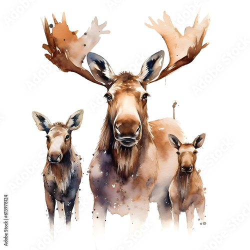 cute baby moose with his parents in watercolor design isolated against transparent background