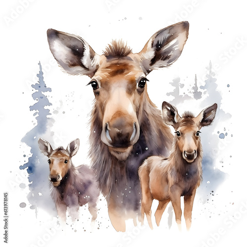 cute baby moose with his parents in watercolor design isolated against transparent background