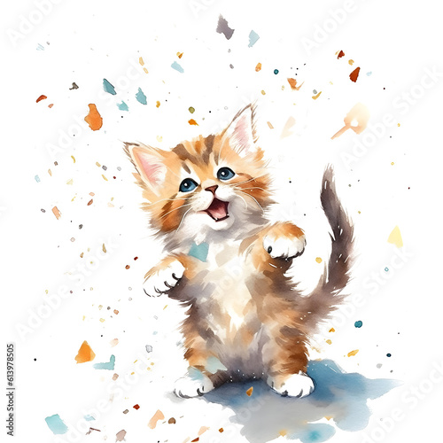 cute kitten throws confetti in the air in watercolor design against transparent background © bmf-foto.de