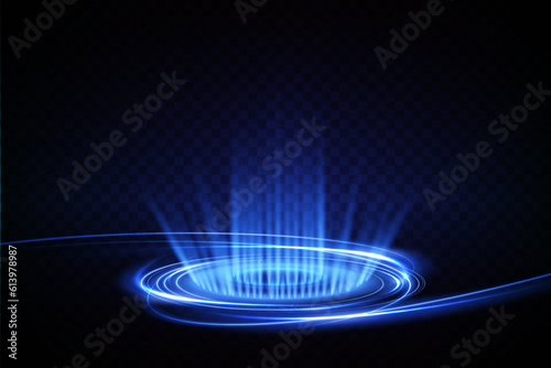 Magic fantasy portal. Futuristic teleport. Light effect. Blue candles rays of a night scene with sparks on a transparent background. Empty light effect of the podium. Disco club dancefloor. 