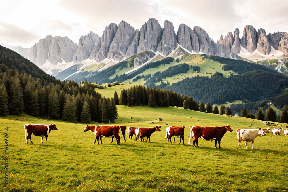 Fototapeta premium Cow grazing in an alpine meadow, Generative AI