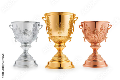Golden, silver, bronze winner cup on a white isolated background, award for three places in the championship, Generative AI.