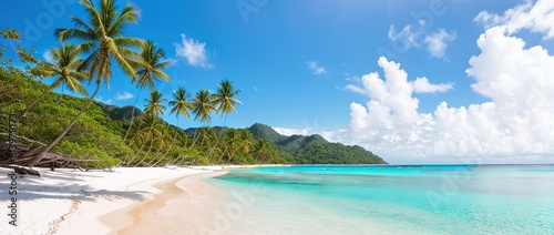 Paradise beach of a tropical island, palm trees, white sand, azure water, Generative AI. © Budjak Studio