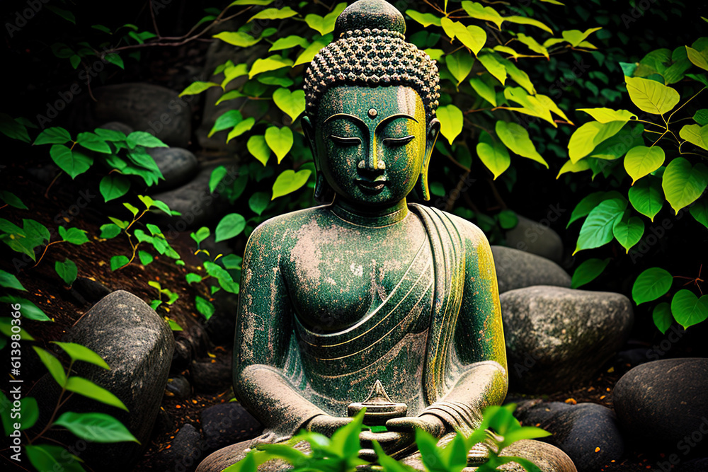 Buddha stone statue in green zen environment, generative ai.