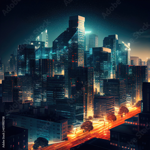 Futuristic Downtown Cityscape with Glowing Skyscrapers and River Reflection. AI Generative