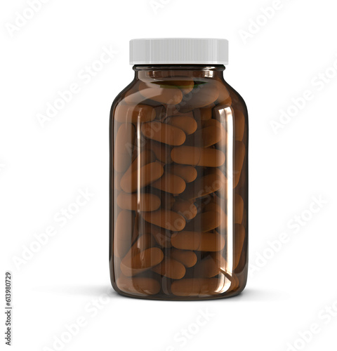 Amber Clear Plastic Supplement Bottles With Capsules 3D Rendering